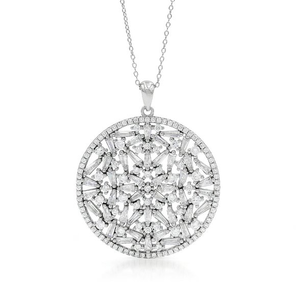 925 Sterling Silver Scattered Baguette Disc Pendant, Micro Pave Cubic Zirconia - Picture 3 of 3
